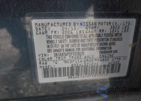 2015 Nissan Sentra Fe+ S/S/Sl/Sr/Sv from USA, damaged, VIN 3N1AB7AP2FY270075